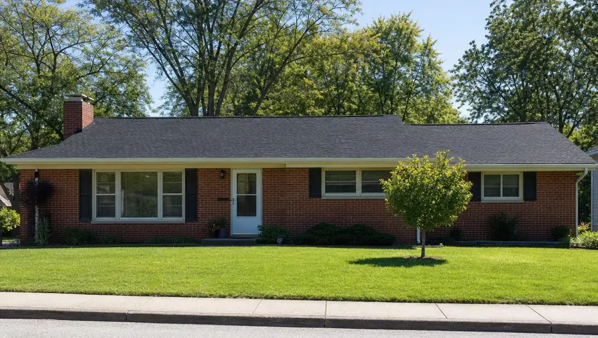 Completed roof replacement with new dark gray asphalt shingles on a brick Indiana home