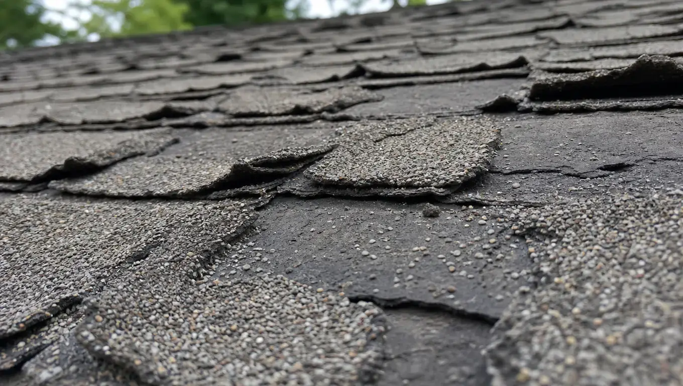 Curling and cracked asphalt shingles on a residential roof needing replacement