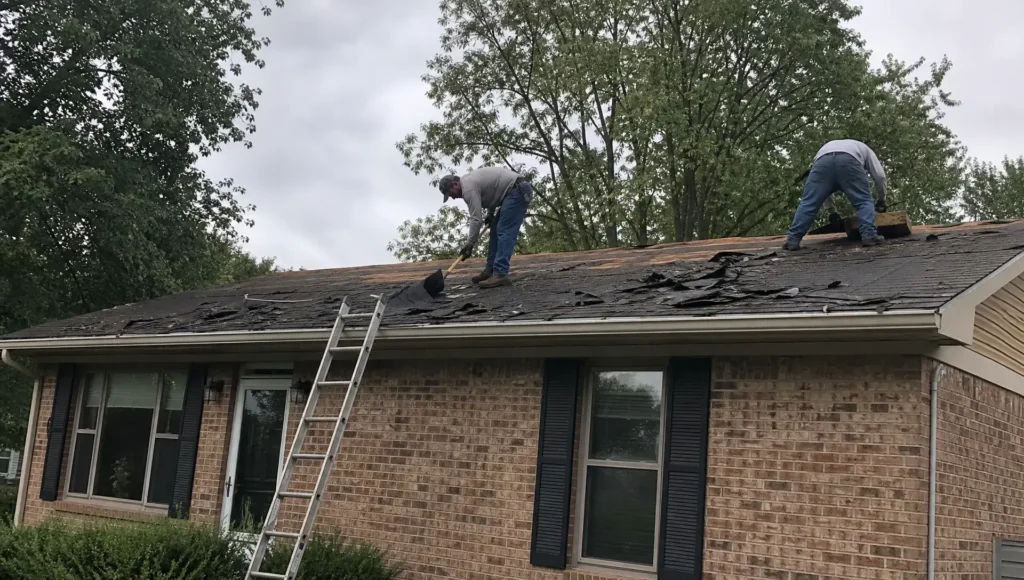 Roofers removing old shingles during a roof replacement on an Indiana home