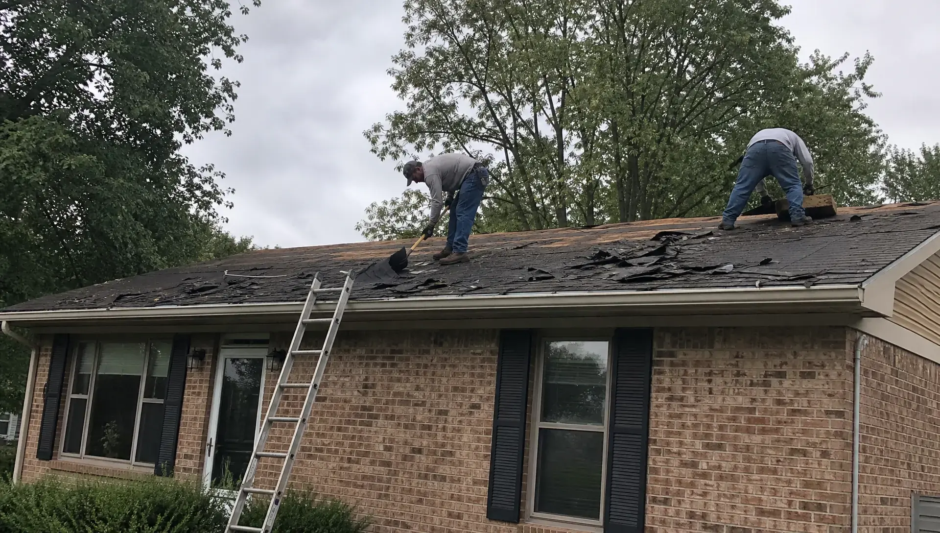 Roofers removing old shingles during a roof replacement on an Indiana home