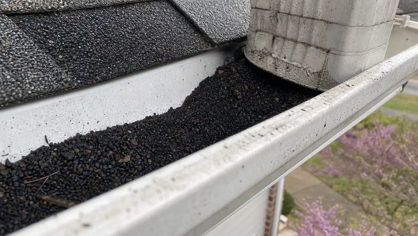Asphalt granules accumulated in a rain gutter, a sign the roof is wearing out