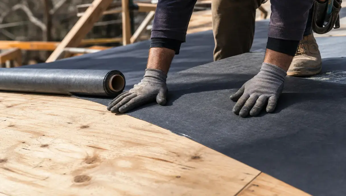 Worker rolling out ice and water shield underlayment on a roof deck during Indiana residential roofing installation