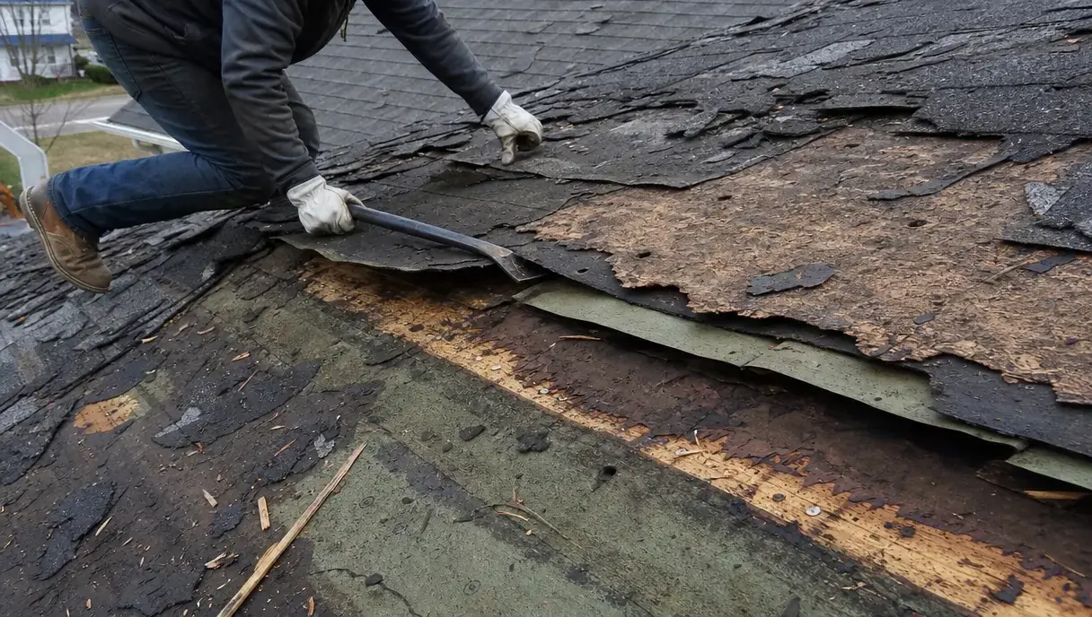 Roofer removing multiple deteriorated shingle layers during a roof tear-off on an Indiana home